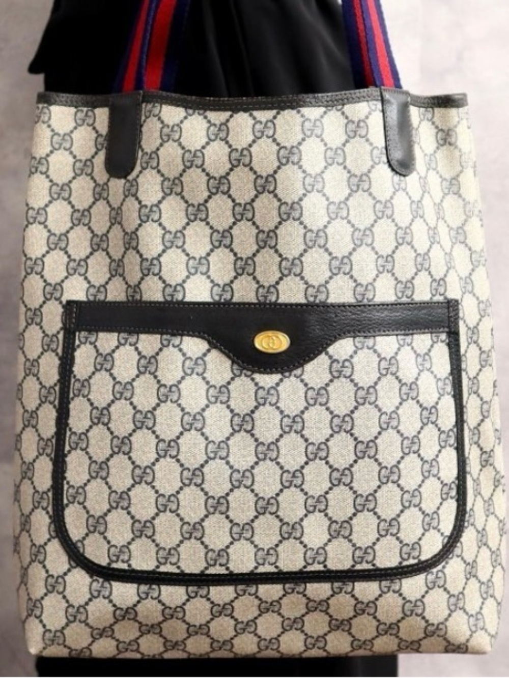 Gucci Beige GG Canvas Tote with Navy and Red Web Straps Vintage